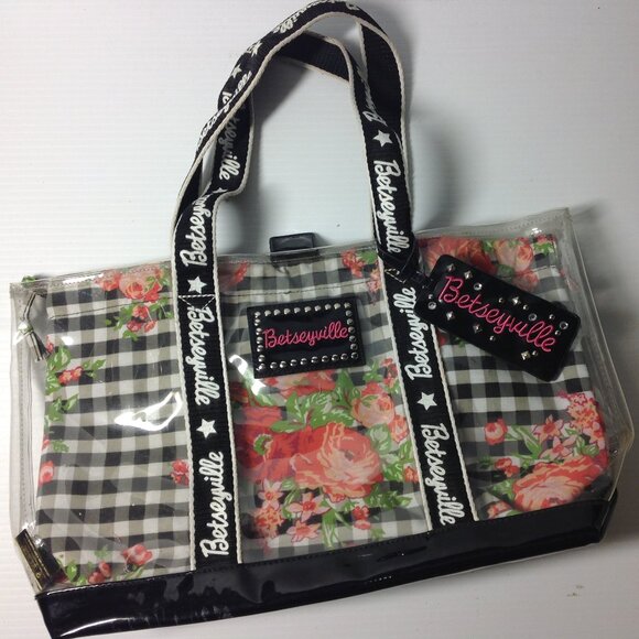 Betseyville by Betsey Johnson Clear Tote Handbag with Black & White Gingham - Picture 1 of 4